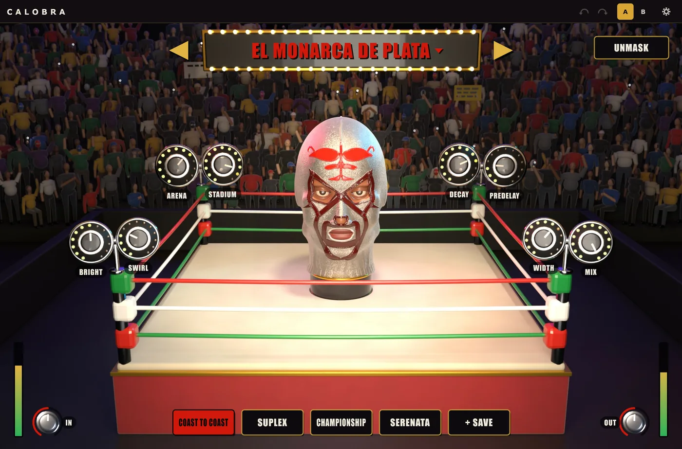 Lucha Effects: a luchador mask on a pedestal in a 3D wrestling ring, eight macro knobs on the turnbuckles and four move buttons on the apron