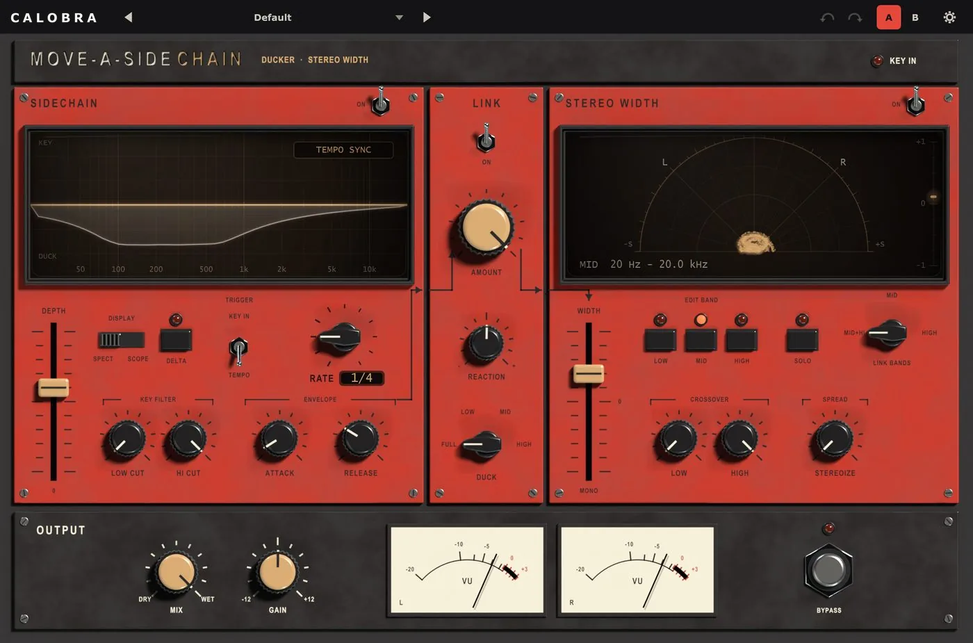 Move-a-Side chain: red Sidechain, Link and Stereo Width panels with VU meters