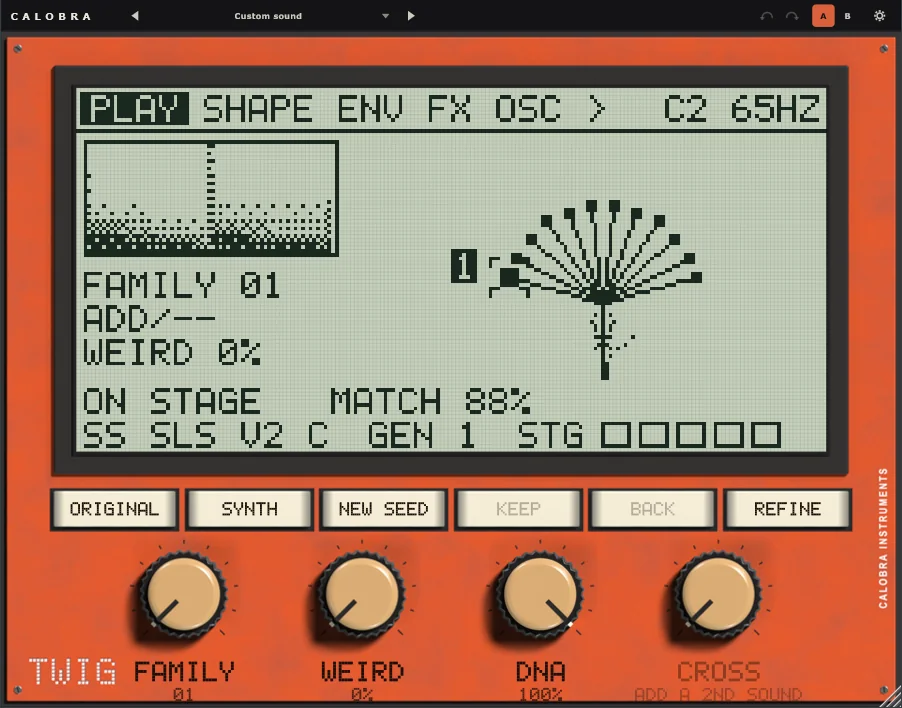 Twig with a bass sample loaded: its spectrum and a tree of twelve mutation families on the green LCD, above six keys and the Family, Weird, DNA and Cross knobs